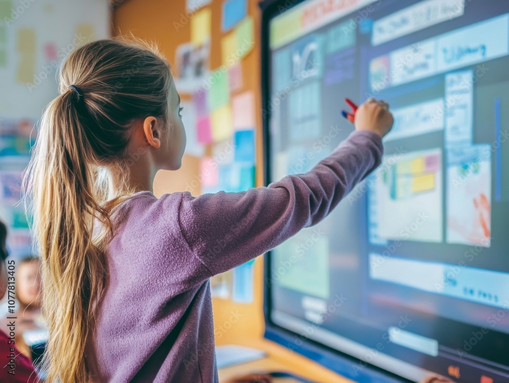 Young girl pointing at a digital interactive whiteboard in a classroom Young girl pointing at a digital interactive whiteboard in a classroom