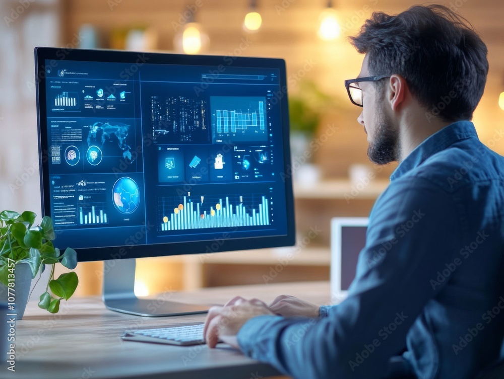 A man working at a computer with graphs and data displayed on the screen A man working at a computer with graphs and data displayed on the screen