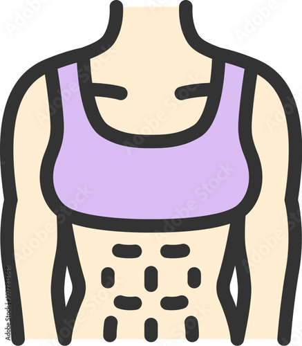 シックスパックの女性の体のアイコン（線画カラー）のイラスト
