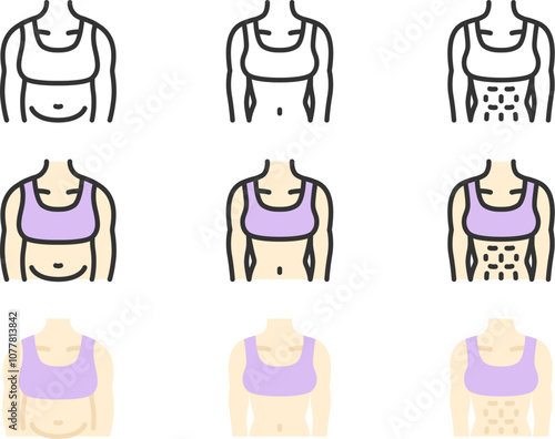 ダイエット前後の女性の体のアイコンのイラストセット