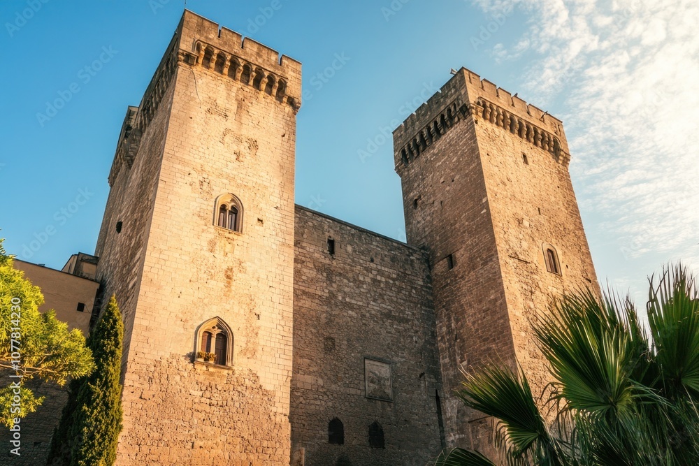 A historic stone castle with twin towers against a blue sky. A historic stone castle with twin towers against a blue sky.