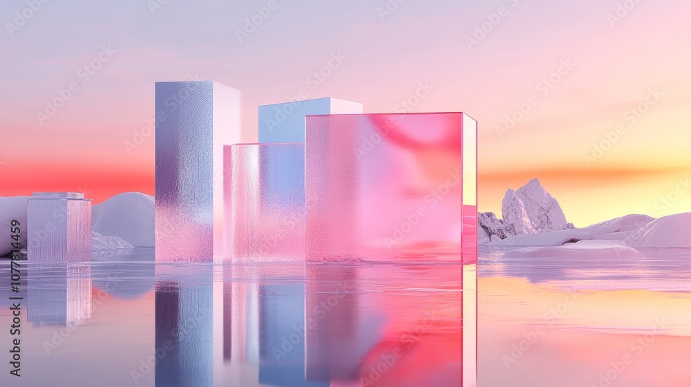 Abstract ice structures reflecting a colorful sunset over a tranquil water surface. Abstract ice structures reflecting a colorful sunset over a tranquil water surface.