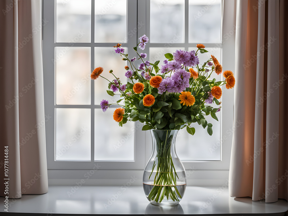 Beautiful flowers in vase with light from window Beautiful flowers in vase with light from window