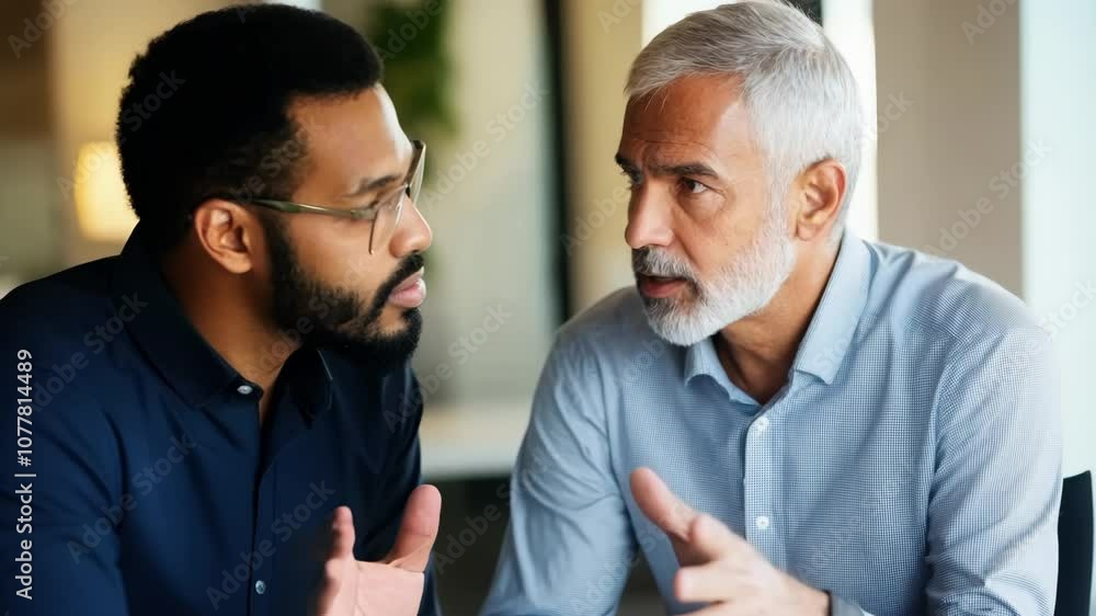 Two Business Professionals Engaging in a Deep Conversation in a Modern Office Environment with Soft Natural Light and Contemporary Design Elements