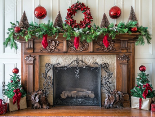 Ornate Fireplace Decorated for Christmas with Red Ornaments and Greenery