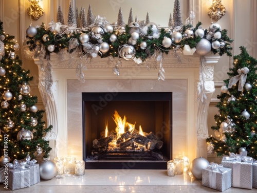 A fireplace decorated for Christmas with a silver and white theme, featuring a crackling fire, two adorned trees, and presents.
