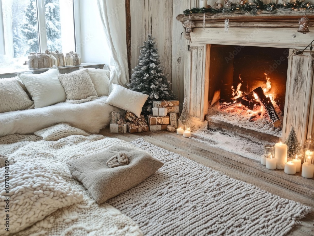 Cozy Living Room with a Fireplace and a Christmas Tree Cozy Living Room with a Fireplace and a Christmas Tree