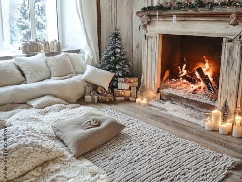 Cozy Living Room with a Fireplace and a Christmas Tree