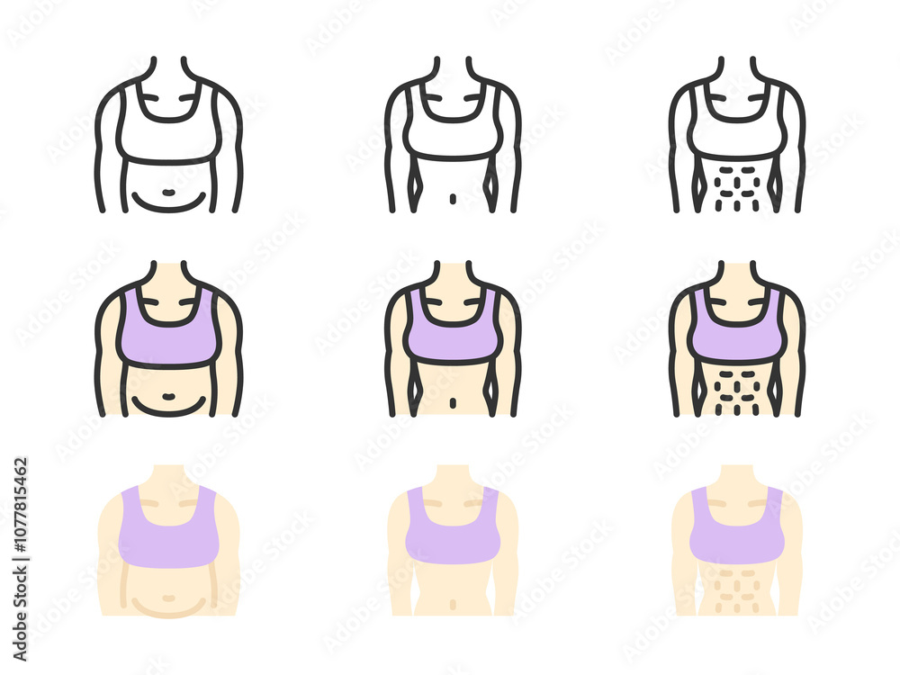 ダイエット前後の女性の体のアイコンのイラストセット ダイエット前後の女性の体のアイコンのイラストセット