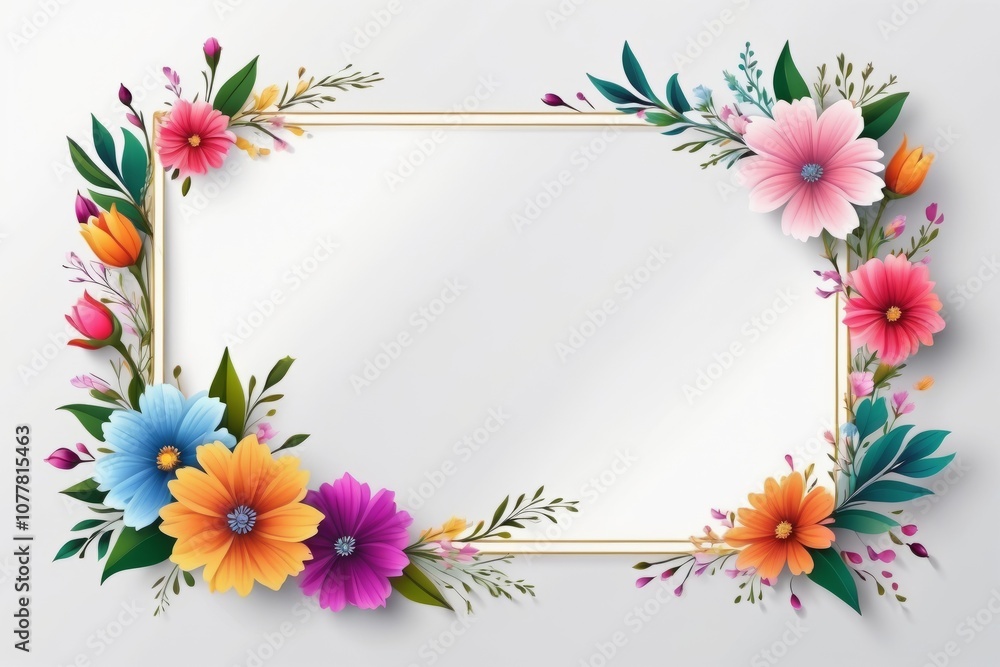 Floral frame illustration with spring flowers, leaves, and pink blossoms Floral frame illustration with spring flowers, leaves, and pink blossoms