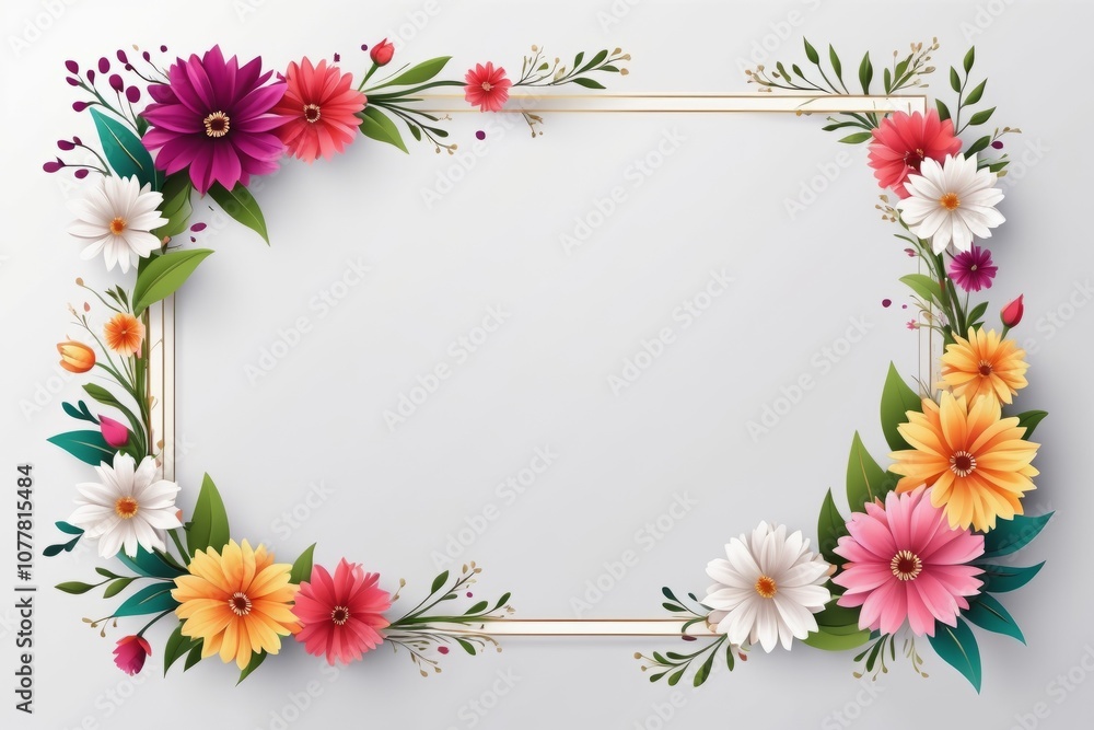 Floral frame illustration with spring flowers, leaves, and pink blossoms Floral frame illustration with spring flowers, leaves, and pink blossoms