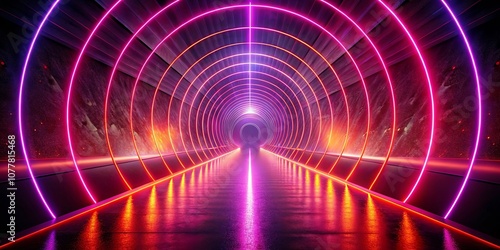 A futuristic tunnel illuminated by vibrant pink and orange neon circles, casting reflections on the glossy floor