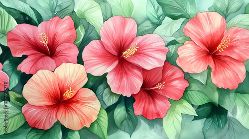 Wallpaper Mural Watercolor pink hibiscus flowers with green leaves Torontodigital.ca