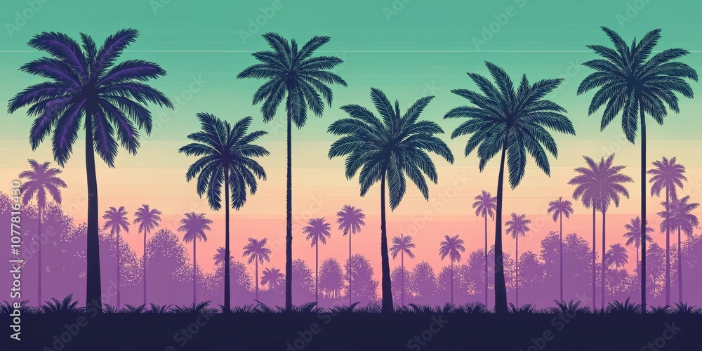Obraz premium Neon Paradise A row of bold pixel palm trees framed in bright green and electric purple their silhouettes captured in crisp detail against a soft gradient of peach fading into