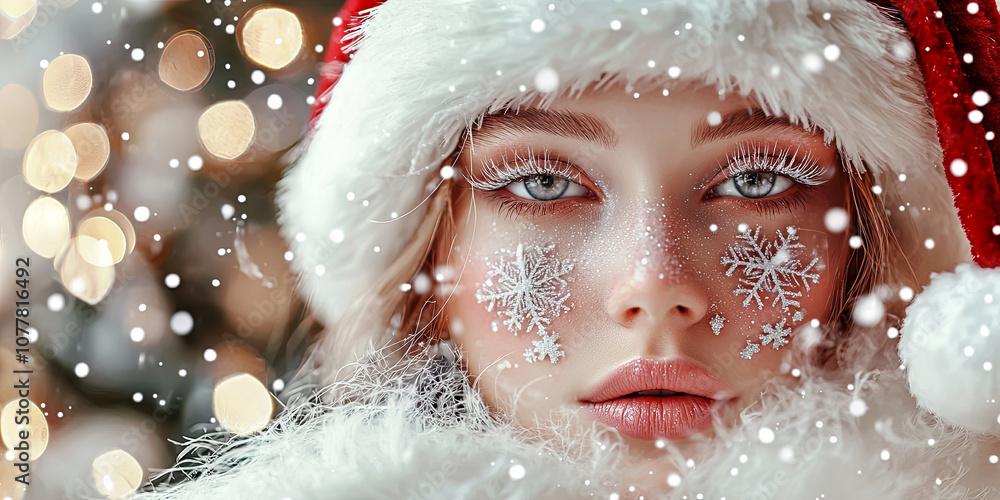 Beautiful girl with white fur and snowflakes on her face, wearing a Santa Claus hat, generative AI Beautiful girl with white fur and snowflakes on her face, wearing a Santa Claus hat, generative AI