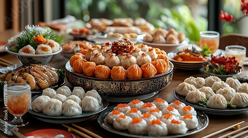 A vibrant display of various dumplings and seafood dishes, beautifully arranged on platters, creating a feast of colors and textures.