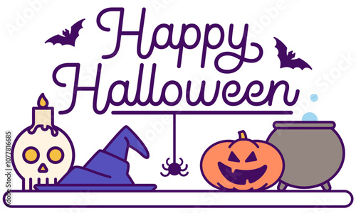 Lettering Happy Halloween with pumpkin, bats and hat text