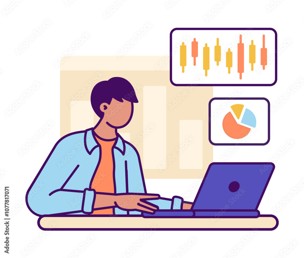 Stock trader working on laptop with charts Stock trader working on laptop with charts