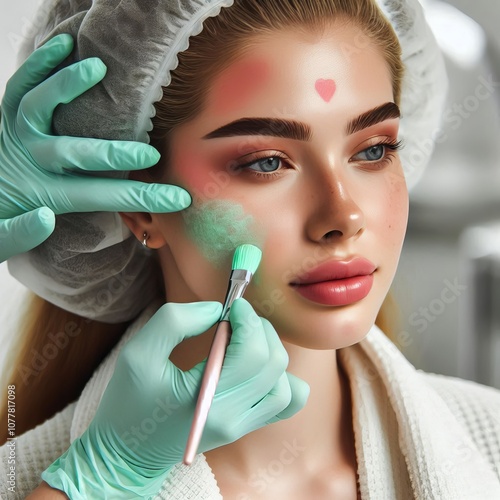 A cosmetologist applying a light green tinted corrector to a cli photo