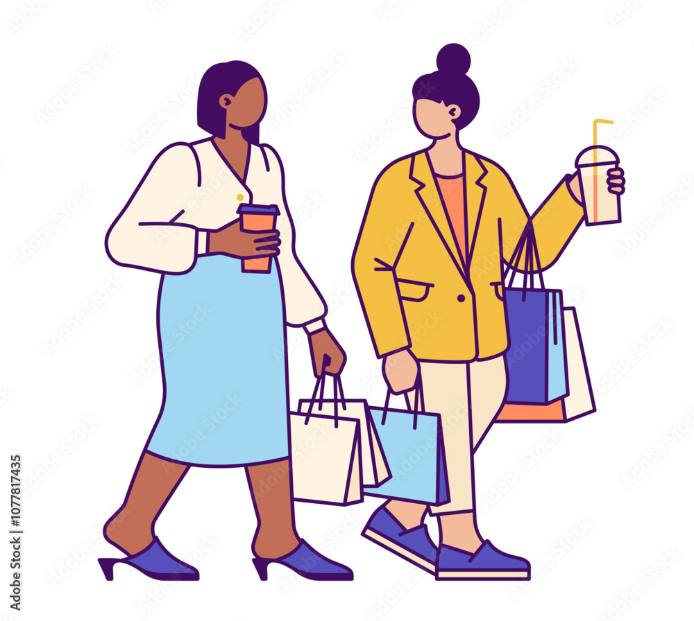 Women walking with takeaway drinks and shopping bags Women walking with takeaway drinks and shopping bags