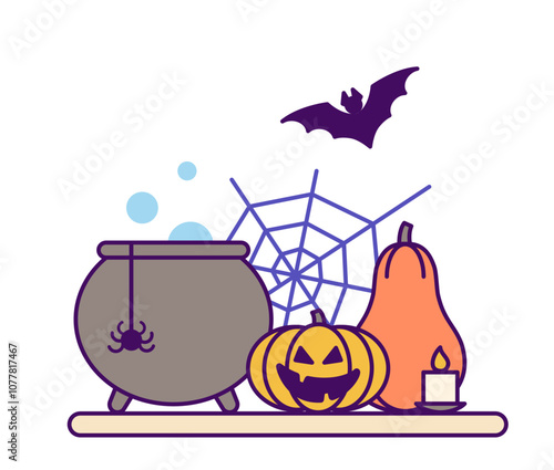 Pumpkins, cobweb and cauldron as halloween decorations