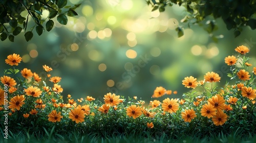 A vibrant field of orange flowers set against a soft, blurred green background.