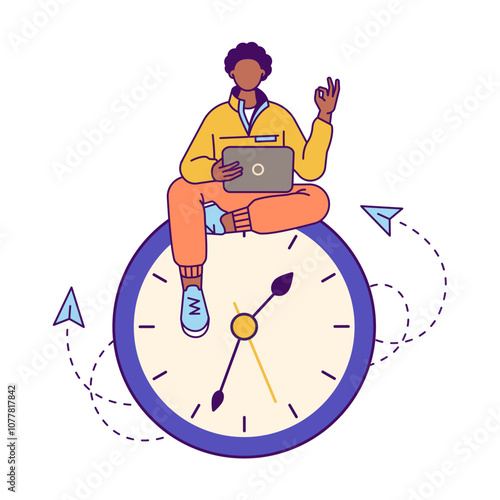 Young man with laptop sitting on clock