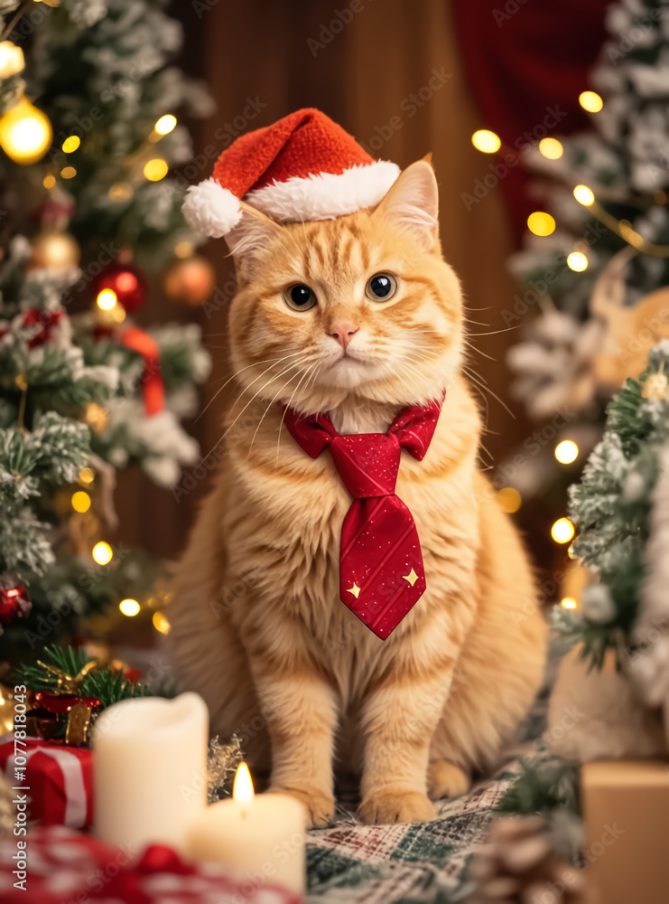 Obraz premium This cute cat is celebrating Christmas with joy, wearing a red Santa hat and a stylish tie. Full of spirit, he is ready to brighten up the holiday atmosphere in adorable style!