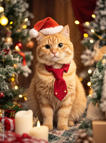 This cute cat is celebrating Christmas with joy, wearing a red Santa hat and a stylish tie. Full of spirit, he is ready to brighten up the holiday atmosphere in adorable style!