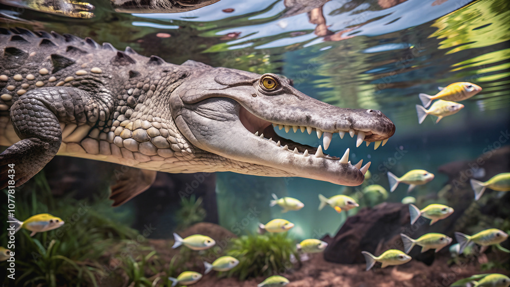Fototapeta premium The crocodile moves underwater, and small fish glide around it, creating a harmonious picture.