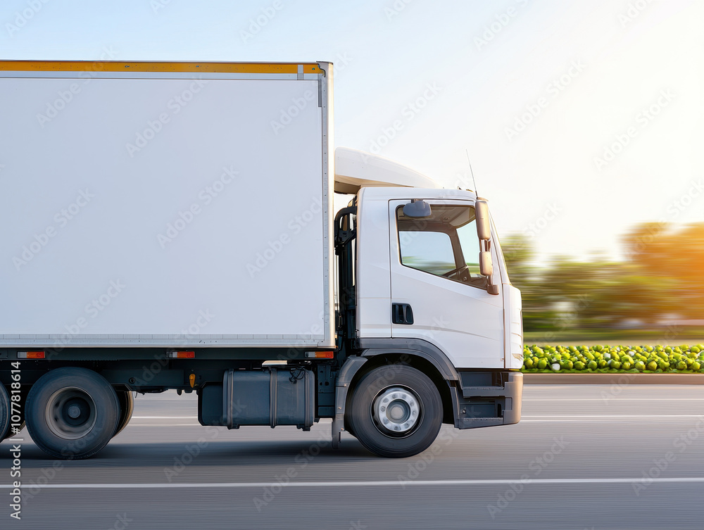 A white delivery truck drives smoothly along a road, surrounded by green fields, under a bright sky. A white delivery truck drives smoothly along a road, surrounded by green fields, under a bright sky.