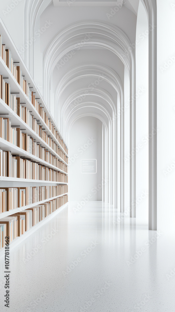 Obraz premium A serene, minimalist library interior with rows of bookshelves and elegant arches, creating a peaceful atmosphere for reading and reflection.