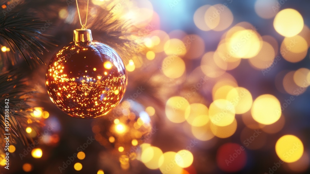 A close-up of a sparkling Christmas ornament hanging from a tree, surrounded by soft bokeh lights. A close-up of a sparkling Christmas ornament hanging from a tree, surrounded by soft bokeh lights.