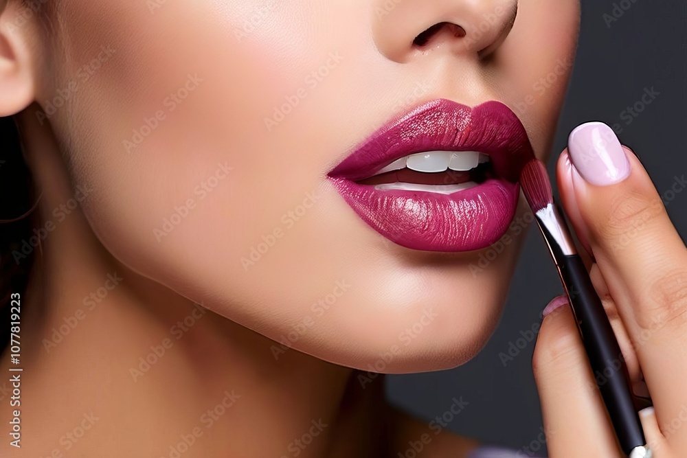 a woman applying a creamy mauve toned lipstick to a clients lips a woman applying a creamy mauve toned lipstick to a clients lips