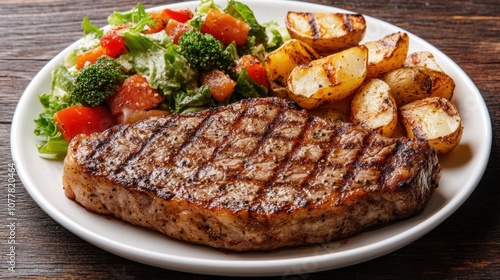 Grilled steak with potato wedges and salad on a white plate.