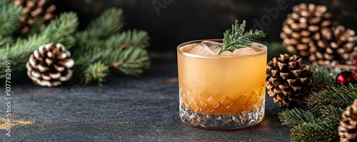 A festive Amaretto Sour with a sprig of mistletoe, surrounded by pine cones and holiday decor photo