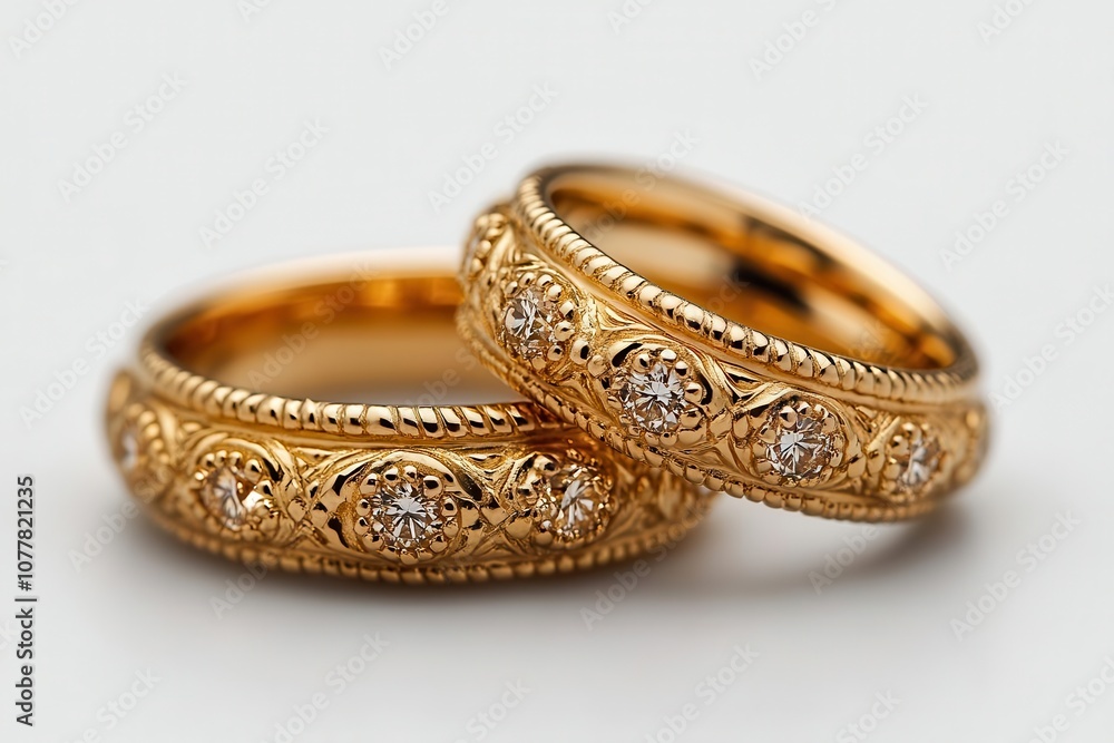 closeup macro shot of a pair of exquisite gold wedding rings against a pristine white background highlighting their brilliance and craftsmanship in a romantic setting closeup macro shot of a pair of exquisite gold wedding rings against a pristine white background highlighting their brilliance and craftsmanship in a romantic setting