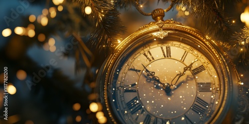 A close-up of a clock striking midnight on New Year's Eve, surrounded by sparkling decorations,space for text