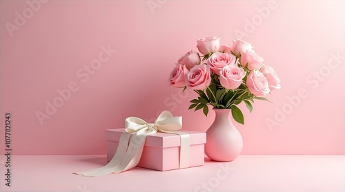 Beautiful bouquet of pink roses in a pink vase next to a pink gift box with a cream-colored ribbon on a pink background