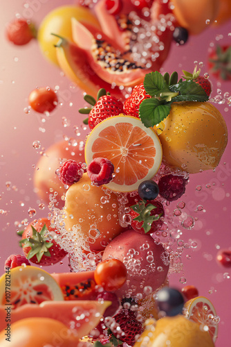 Capture the vibrancy and freshness of the fruit with a dynamic worms-eye view angle Show the fruit in a visually compelling way that makes it irresistible to potential. background.