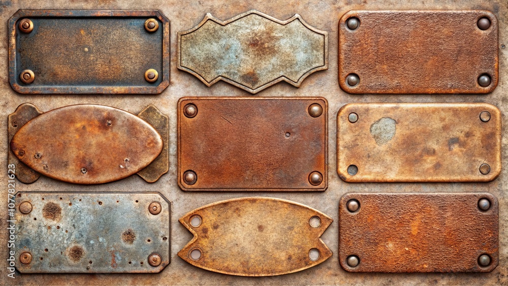 Fototapeta premium A collection of eight weathered metal plates with rounded corners and riveted edges, perfect for displaying text or graphic designs.