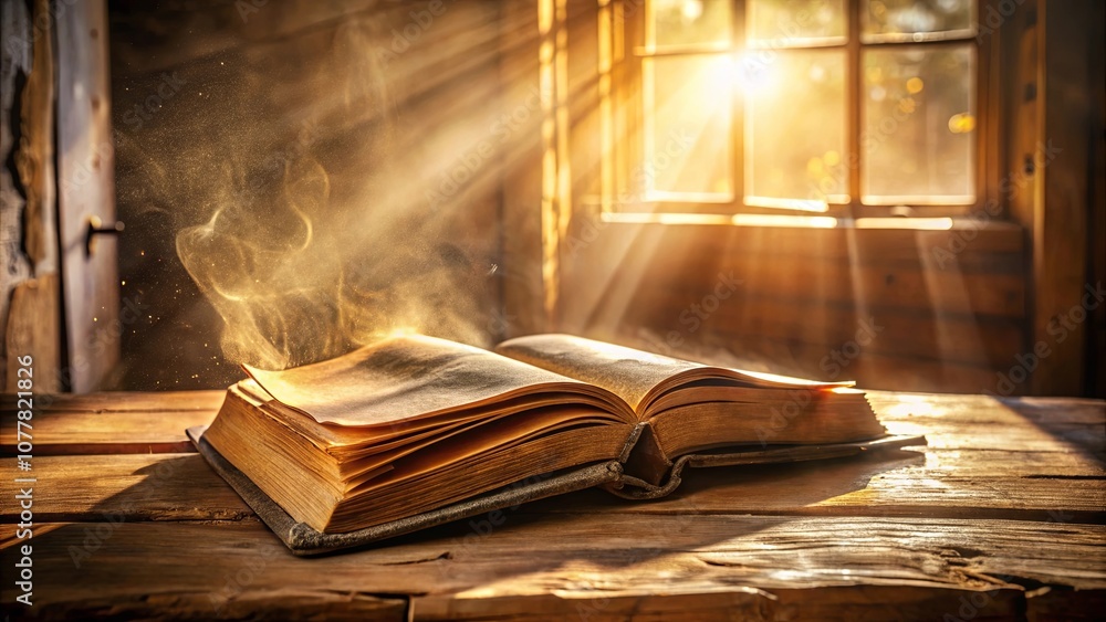A Rustic Wooden Table with a Book Open and Golden Light Streaming Through a Window A Rustic Wooden Table with a Book Open and Golden Light Streaming Through a Window
