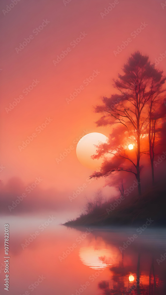 A tranquil, mystical landscape with a calm river, red and pink trees, and a soft, glowing sun setting in the distance. The misty atmosphere adds an ethereal quality, casting warm hues across the scene A tranquil, mystical landscape with a calm river, red and pink trees, and a soft, glowing sun setting in the distance. The misty atmosphere adds an ethereal quality, casting warm hues across the scene