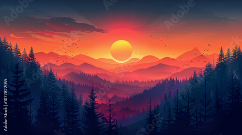 Serene Mountain Landscape with Vibrant Colors and Sunrise