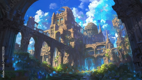 The ancient ruins were illuminated by streams of radiant energy that seemed to dance and swirl around the crumbling walls imbuing the place with an otherworldly aura.