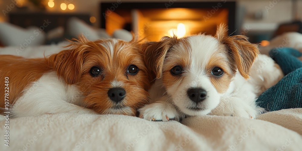 Adorable Puppies Relaxing by a Cozy Fireplace on a Fluffy Bed | Cute Dog Companions in Warm Indoor Atmosphere | Perfect Pet Companions in Winter Adorable Puppies Relaxing by a Cozy Fireplace on a Fluffy Bed | Cute Dog Companions in Warm Indoor Atmosphere | Perfect Pet Companions in Winter