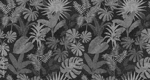 Seamless pattern leaf graphics variety of types on colorfur tone marble texture with tropical leaves used for decorative design. 