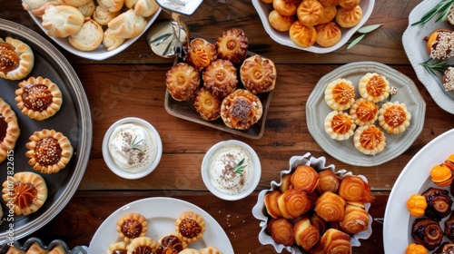 A table spread with a variety of finger foods such as mini pumpkin tarts and apple cider donuts.