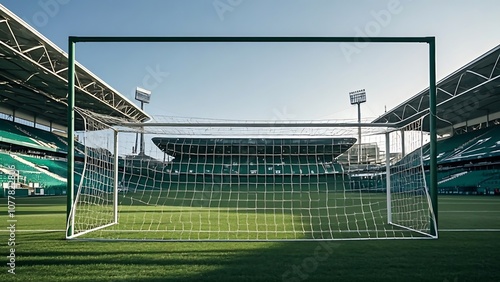 A football pitch with goal posts and net - An empty soccer field with a focus on the goal posts, netting gently swaying in the wind, and a perfectly manicured green pitch.