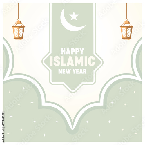Mosque arch with lantern, moon, and stars. Elegant Islamic decoration design. Happy New Hijri Year concept. Flat vector illustration.